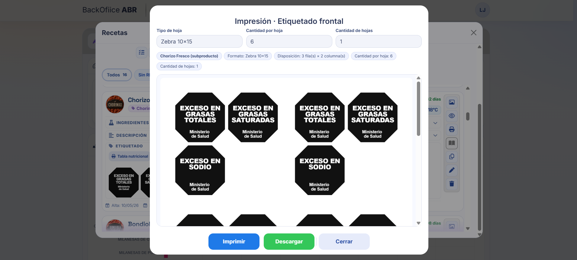 Impresión de etiquetado frontal con octógonos BackOffice ABR